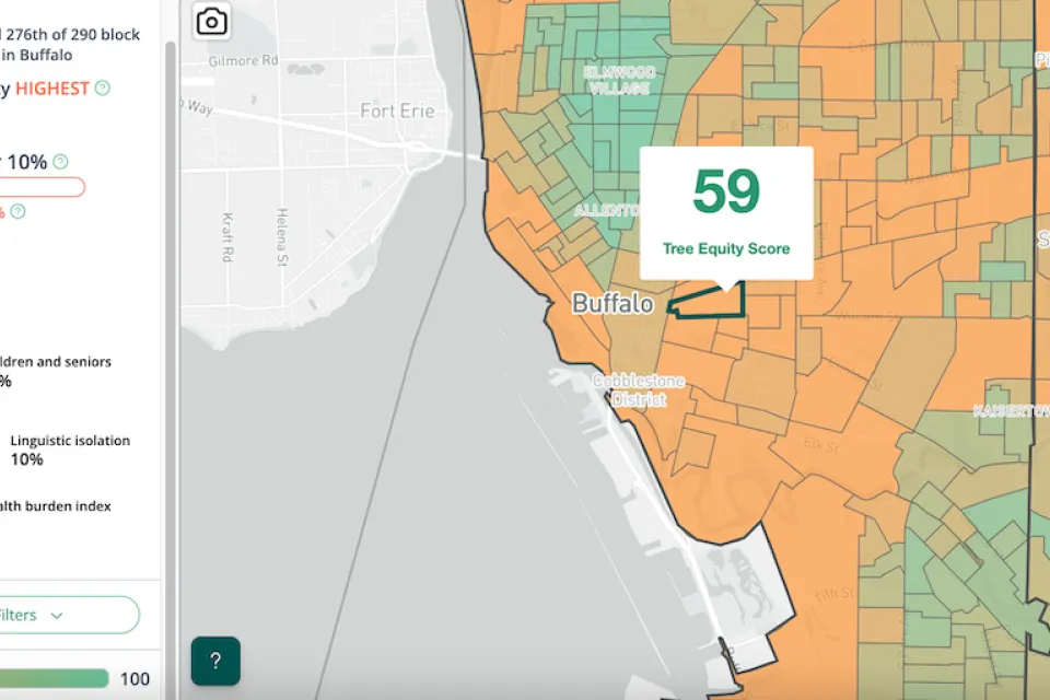 Screenshot of shade map of Buffalo, New York with legend.